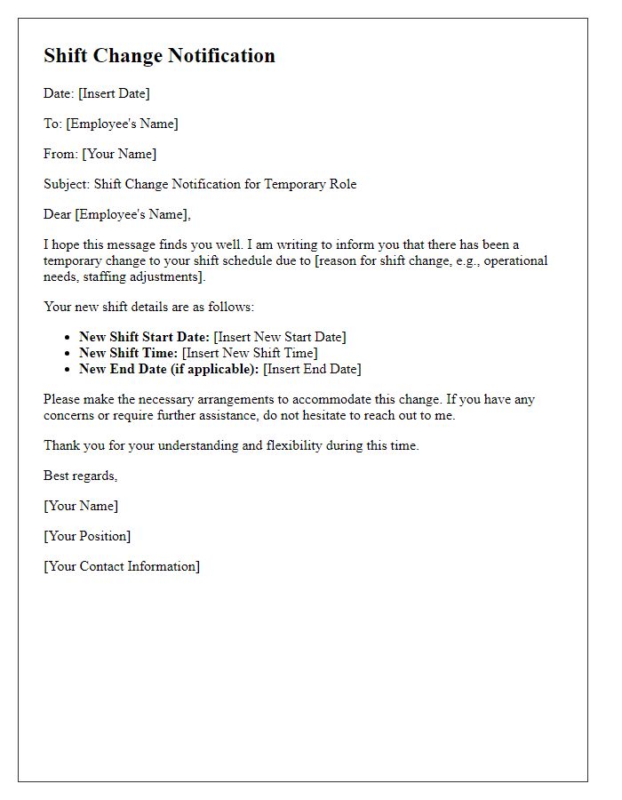 Letter template of shift change notification for temporary roles