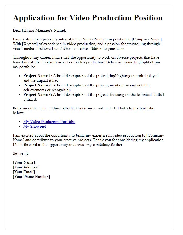 Letter template of video production job application showcasing portfolio highlights.