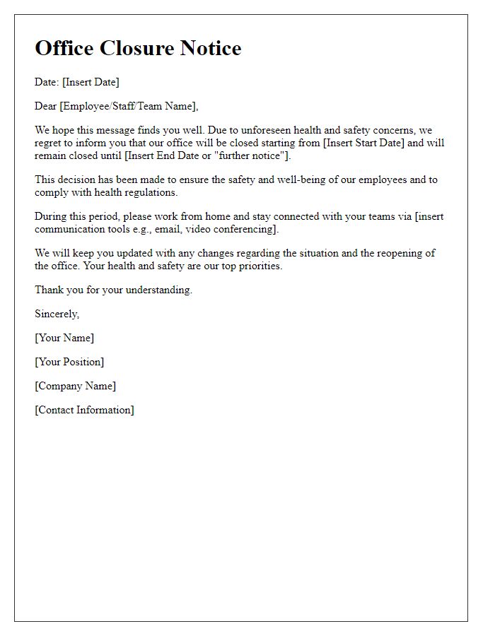 Letter template of office closure for health and safety reasons