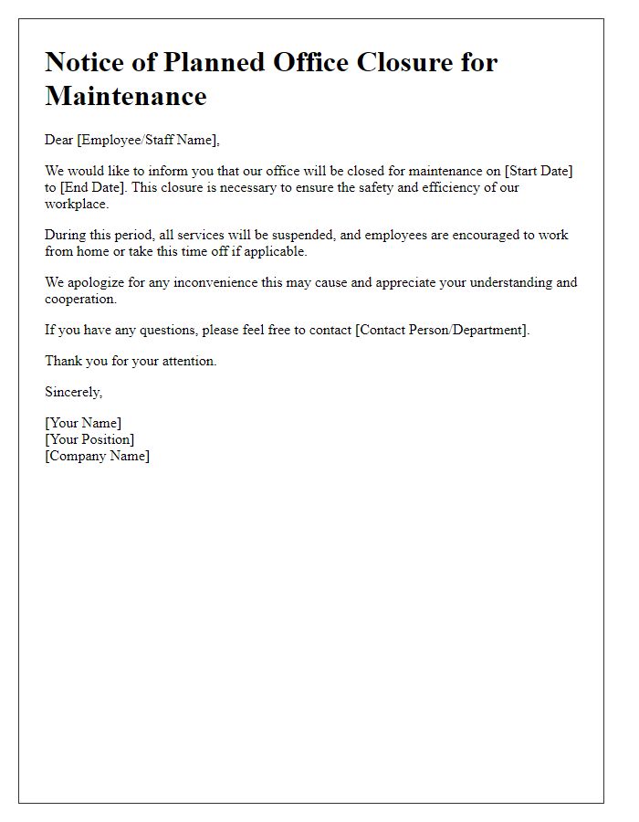 Letter template of planned office closure for maintenance