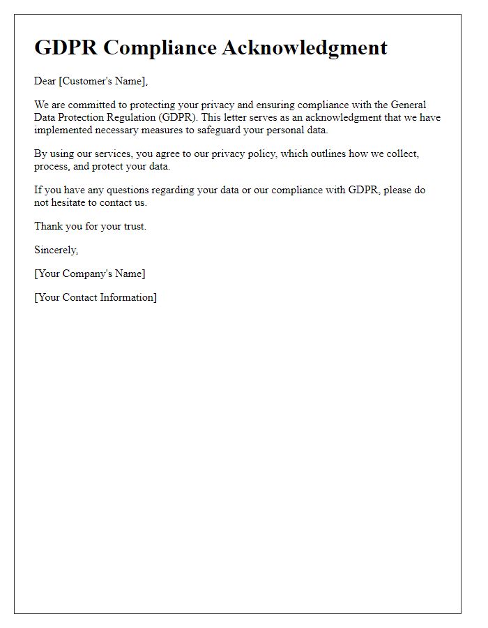 Letter template of GDPR compliance acknowledgment for customers