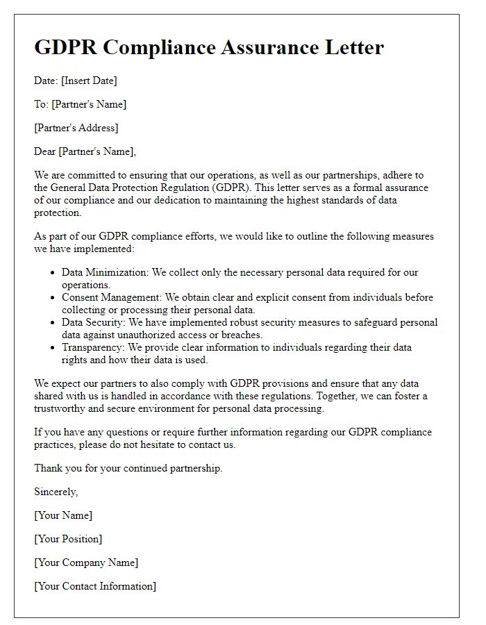 Letter template of GDPR compliance assurance for partners