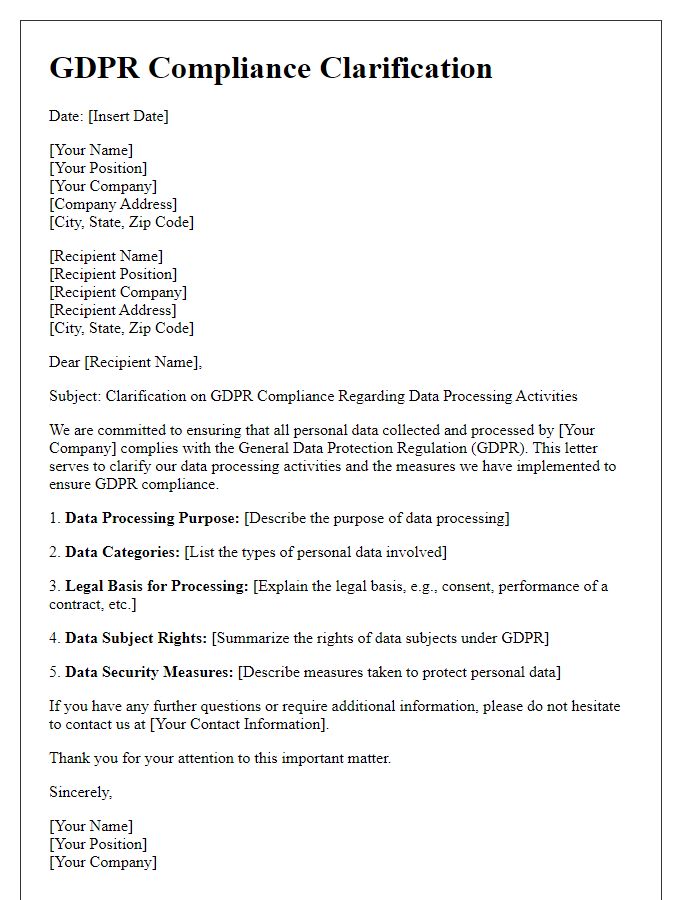 Letter template of GDPR compliance clarification for data processing activities