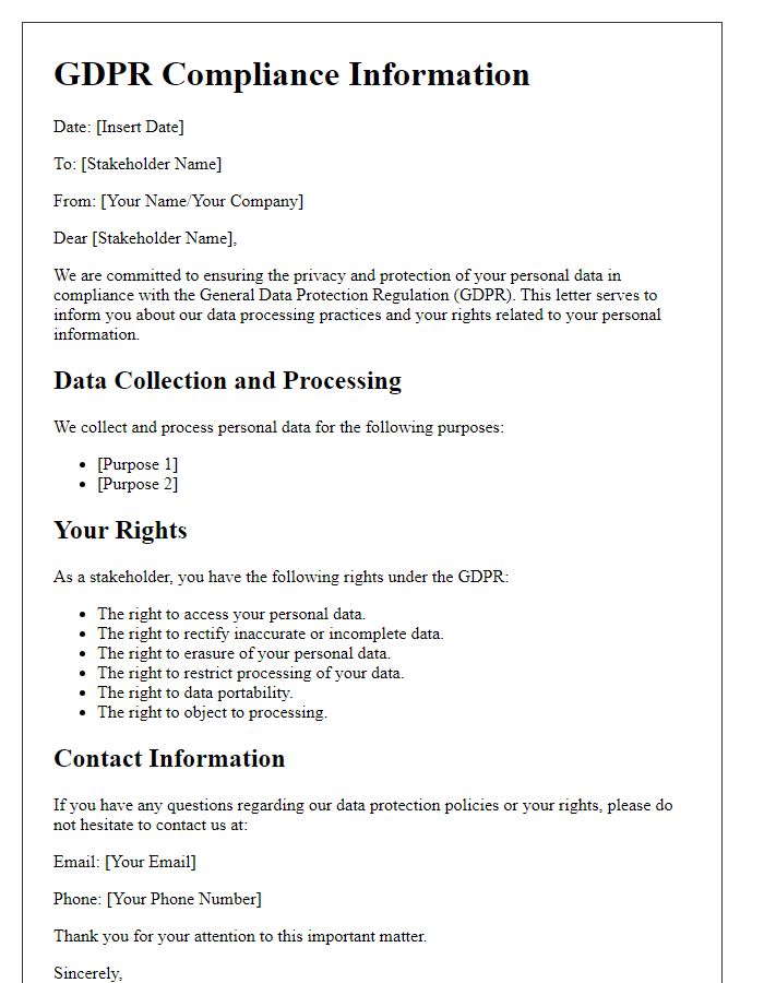 Letter template of GDPR compliance information for stakeholders