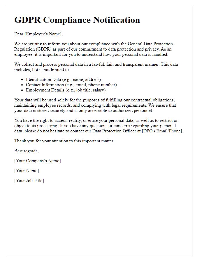 Letter template of GDPR compliance notification to employees