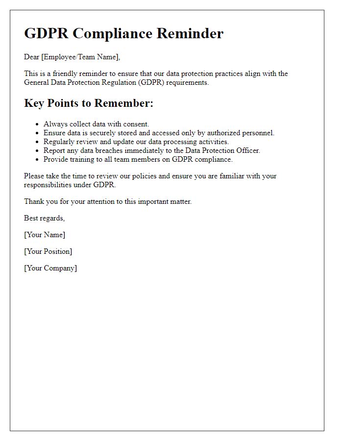 Letter template of GDPR compliance reminder for data protection practices