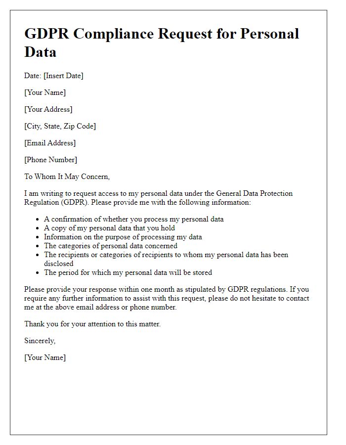 Letter template of GDPR compliance request for personal data