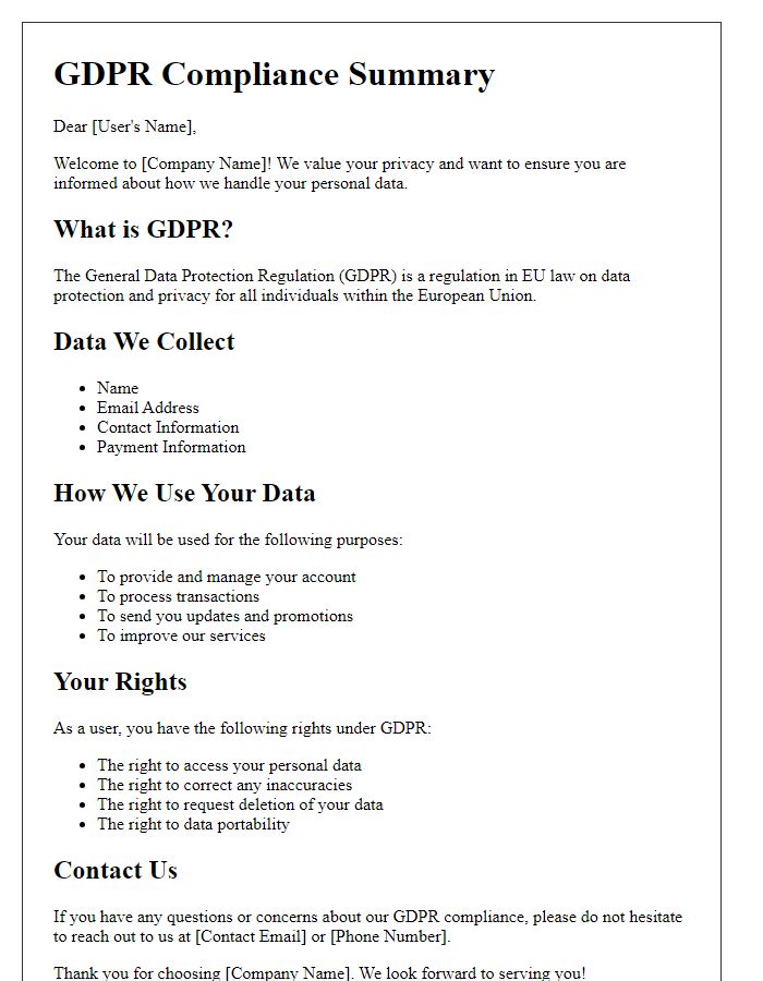 Letter template of GDPR compliance summary for new users