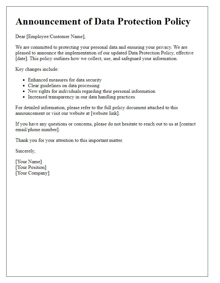 Letter template of data protection policy announcement