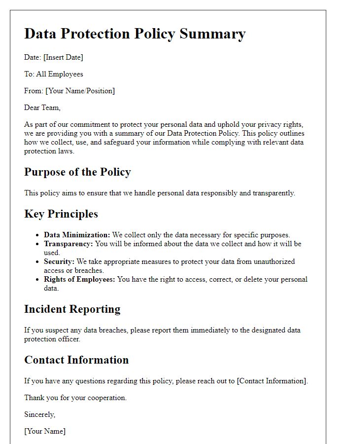 Letter template of data protection policy summary for employees