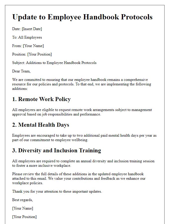 Letter template of additions to employee handbook protocols