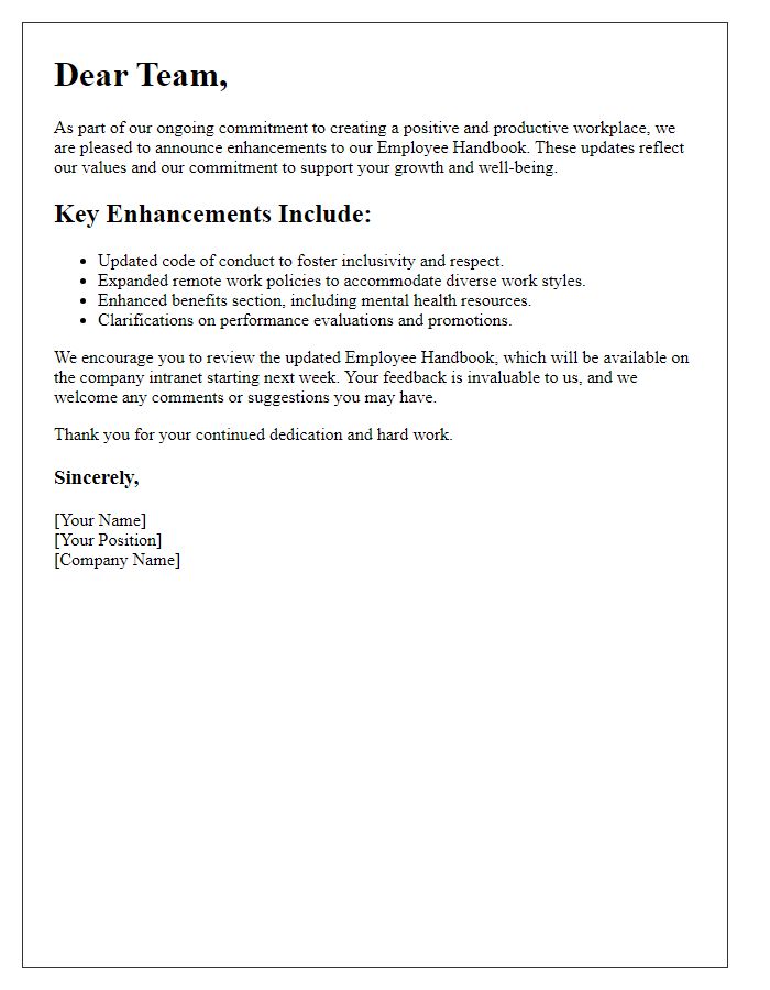 Letter template of employee handbook content enhancements