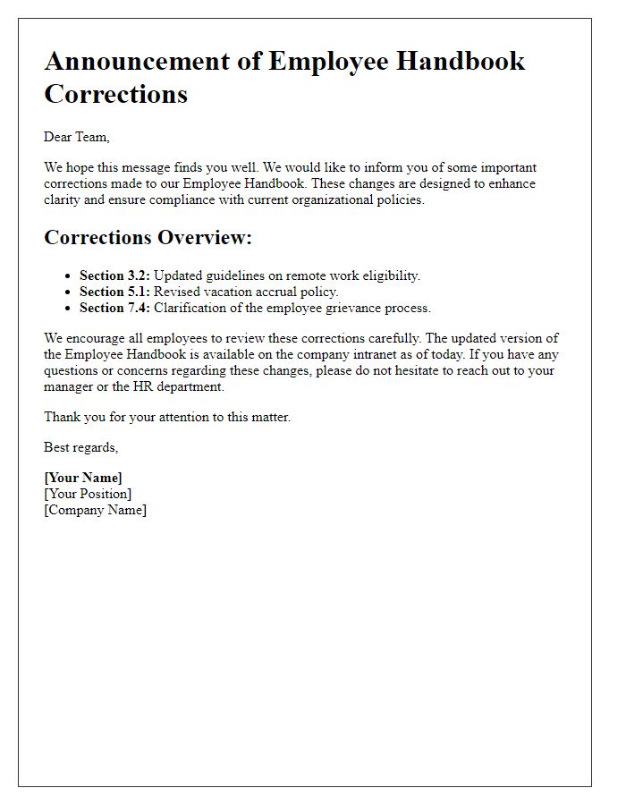 Letter template of employee handbook correction announcement