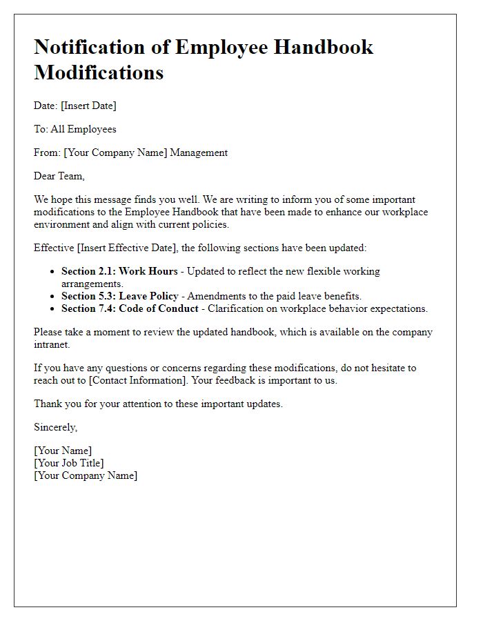 Letter template of employee handbook modifications notification