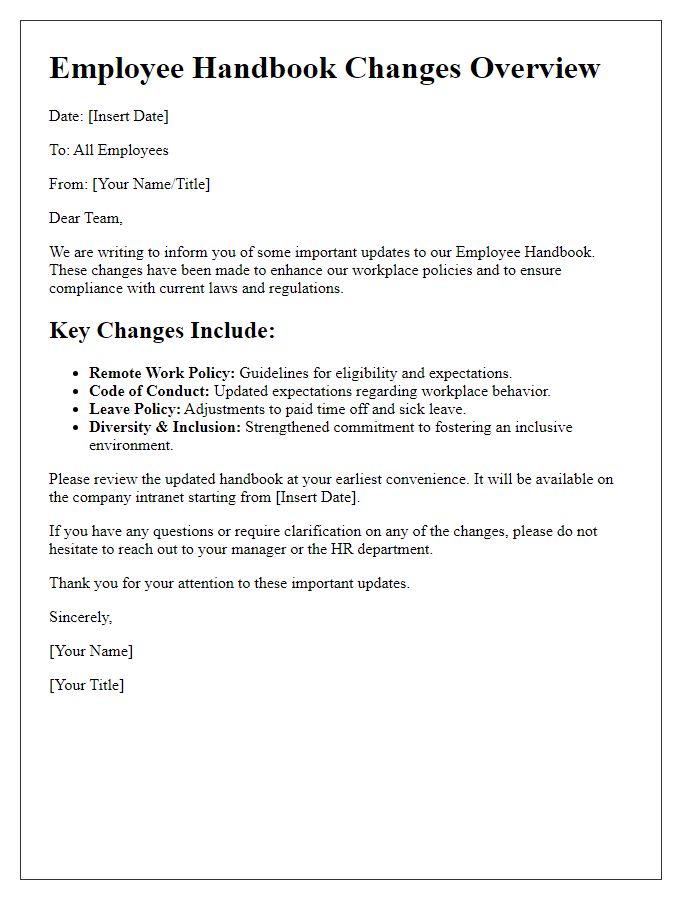 Letter template of employee handbook overview changes