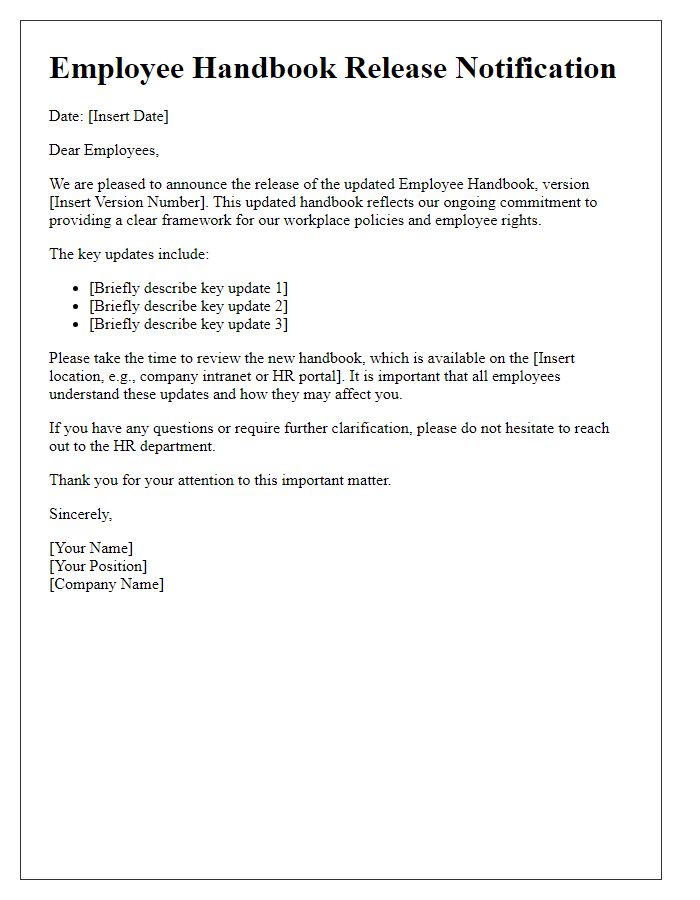 Letter template of employee handbook version release