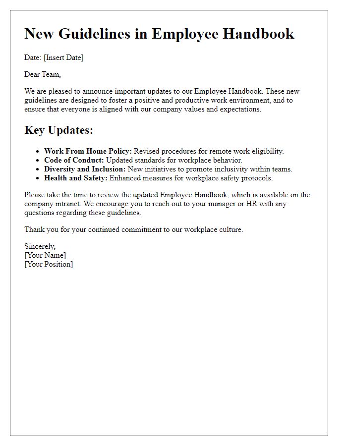 Letter template of new guidelines in employee handbook