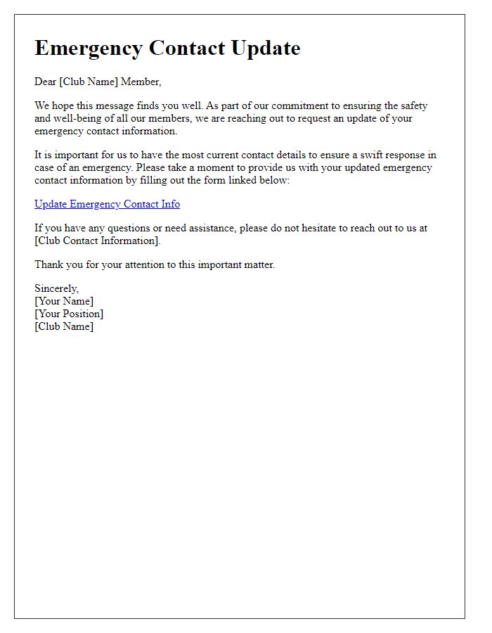 Letter template of emergency contact update for club memberships.