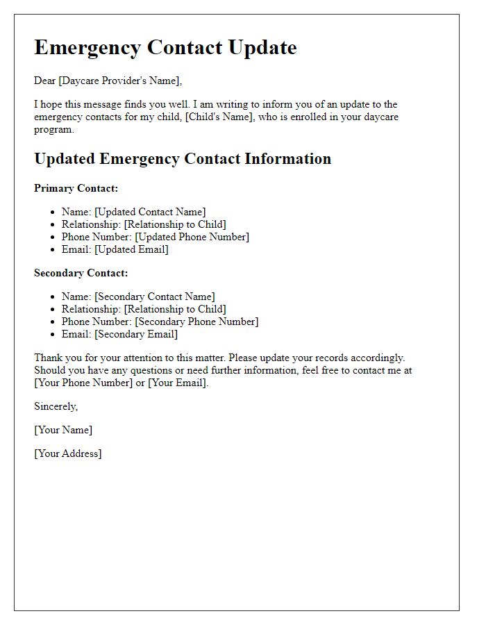 Letter template of emergency contact update for daycare providers.