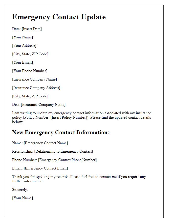 Letter template of emergency contact update for insurance companies.