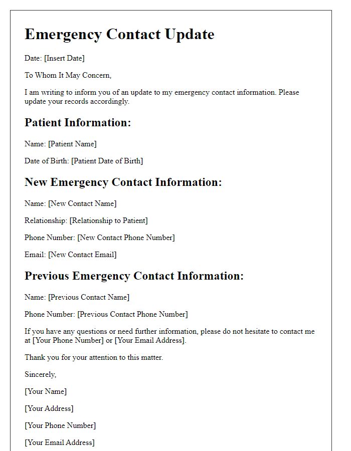 Letter template of emergency contact update for medical providers.