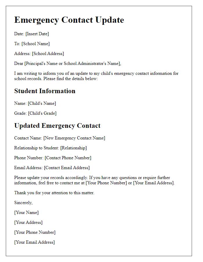 Letter template of emergency contact update for school records.