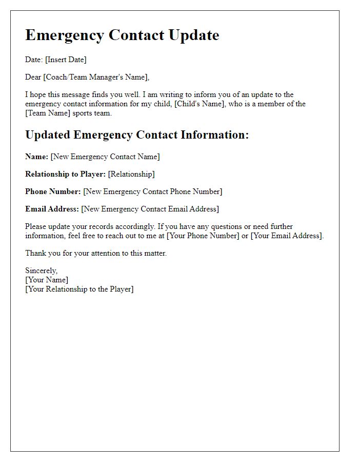 Letter template of emergency contact update for sports teams.