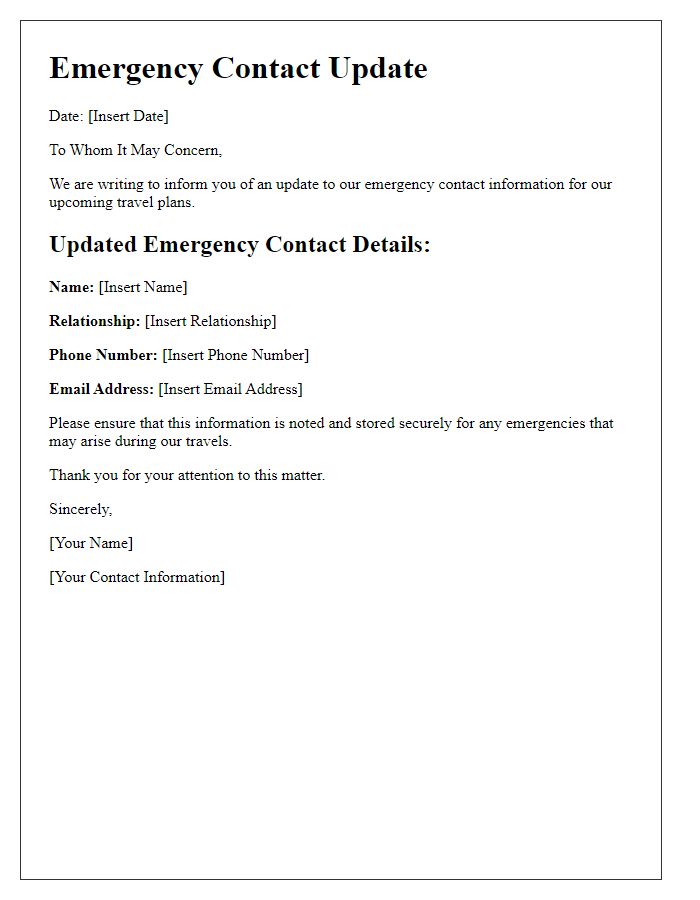 Letter template of emergency contact update for travel agencies.