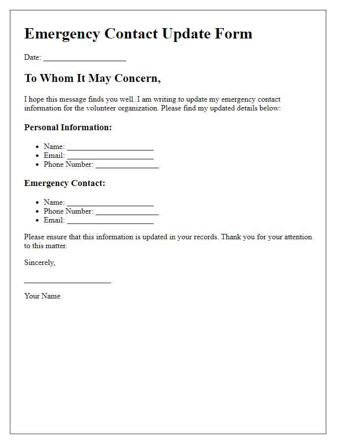 Letter template of emergency contact update for volunteer organizations.