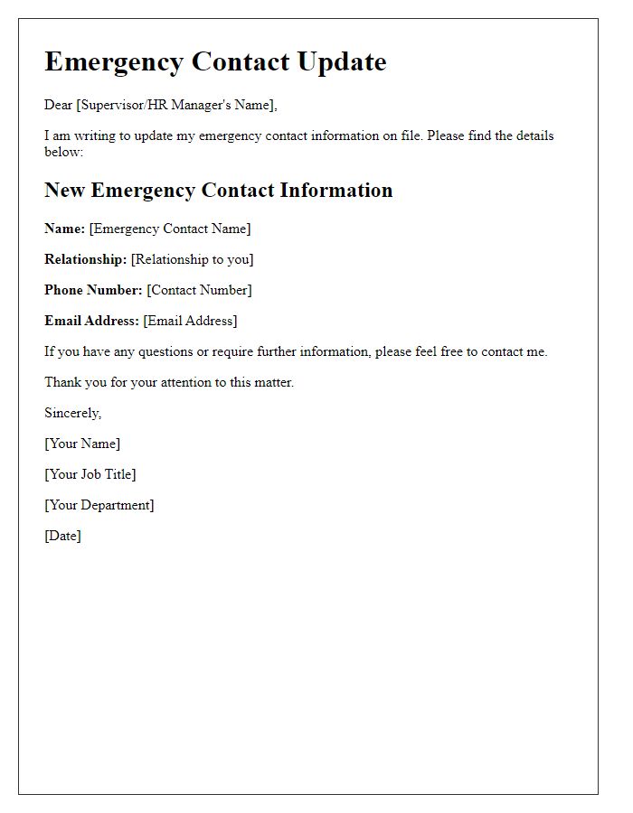 Letter template of emergency contact update for workplace.