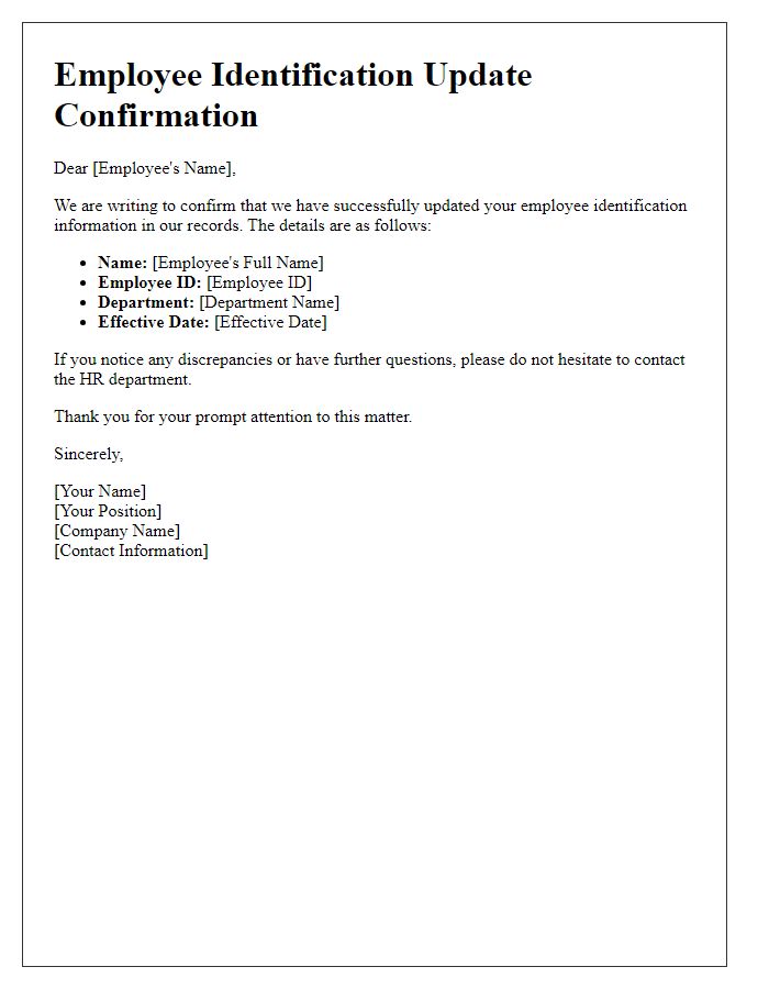 Letter template of employee identification update confirmation