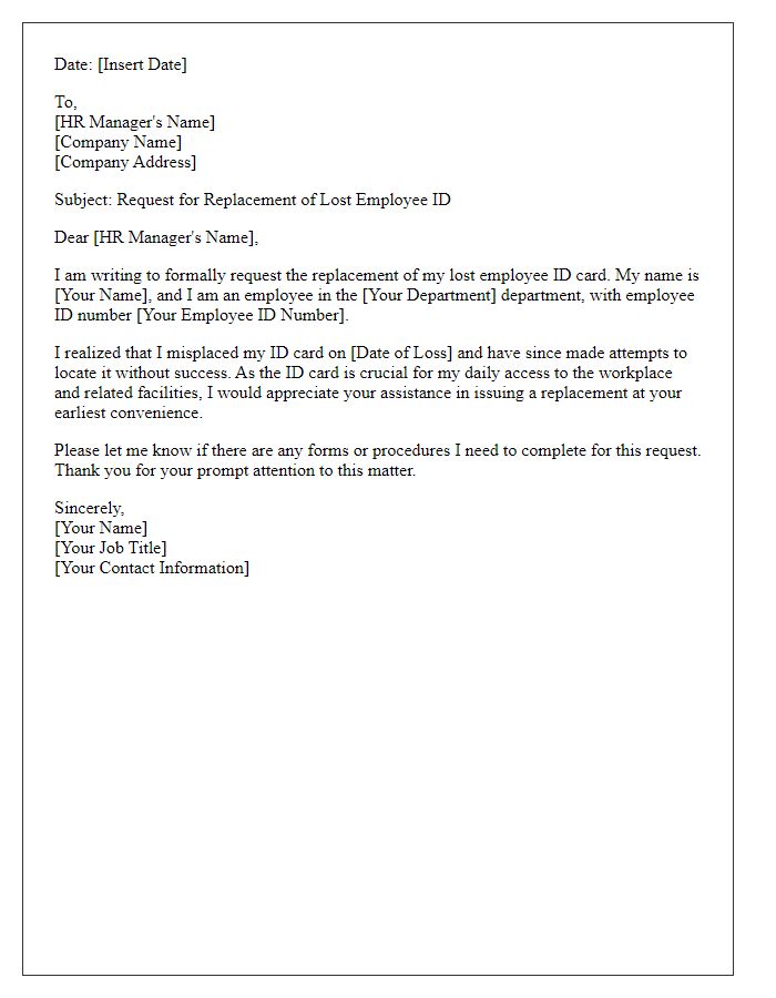 Letter template of lost employee ID replacement request