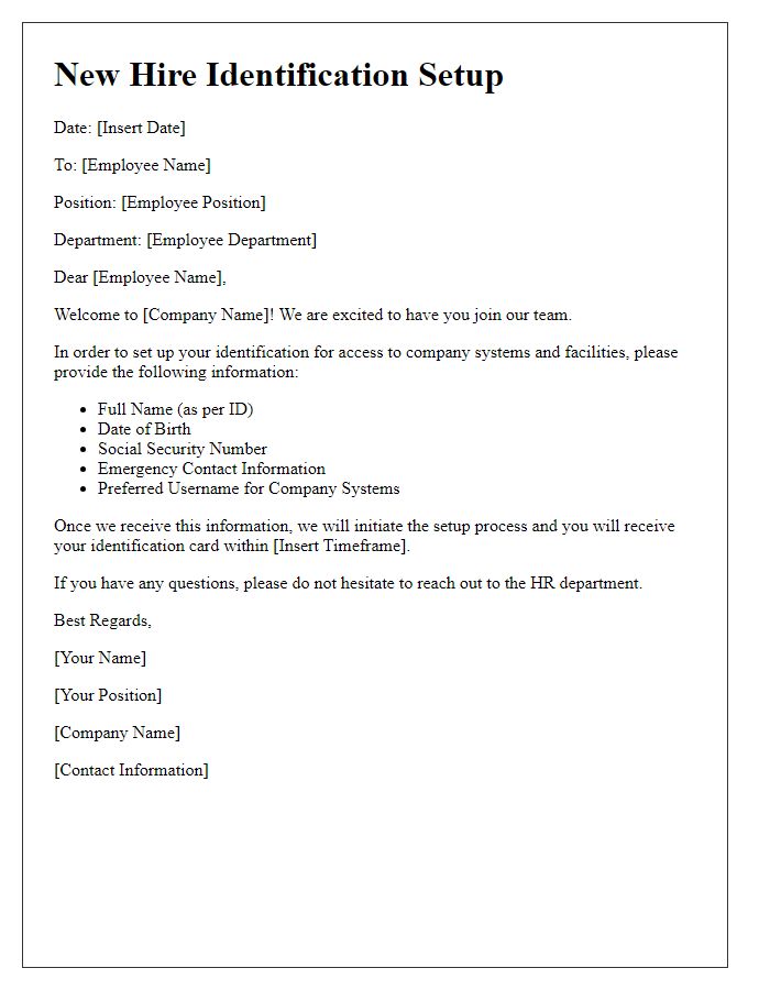 Letter template of new hire identification setup