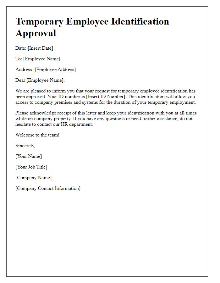 Letter template of temporary employee identification approval