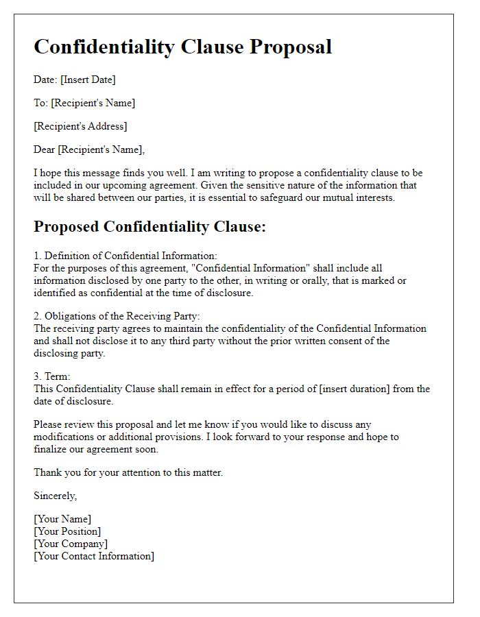 Letter template of Confidentiality Clause Proposal