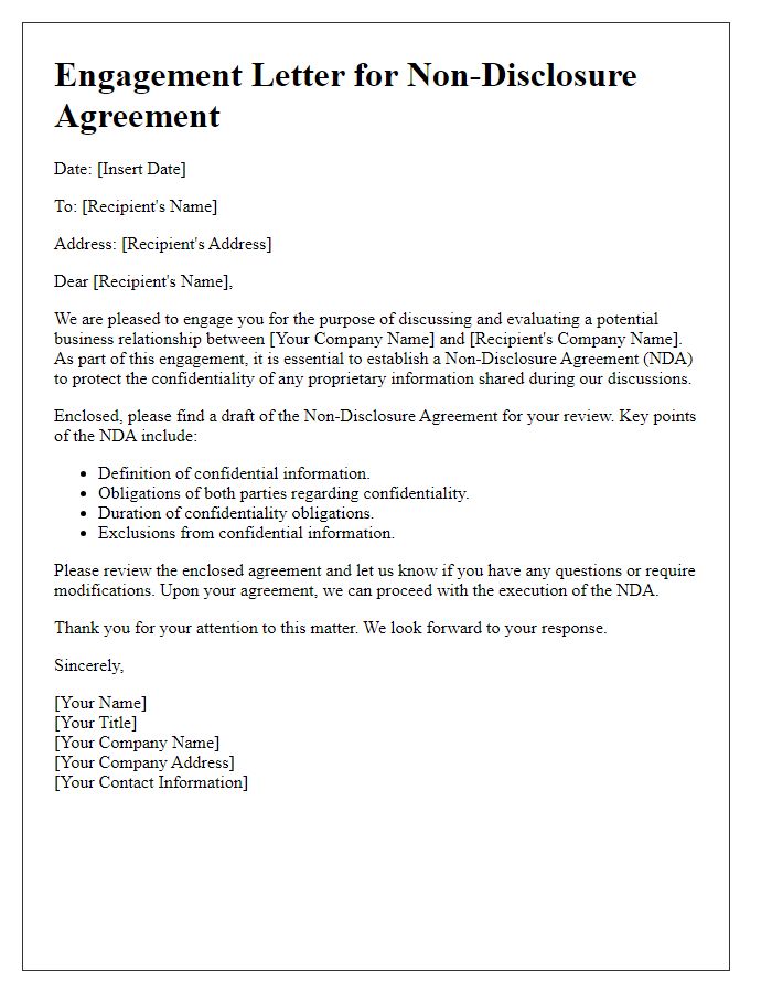 Letter template of Engagement for Non-Disclosure Agreement