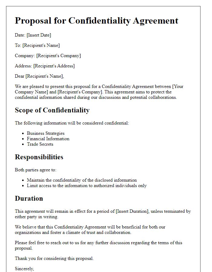 Letter template of Proposal for Confidentiality Agreement