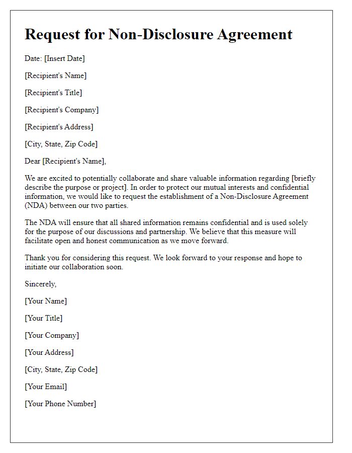 Letter template of Request for Non-Disclosure Agreement