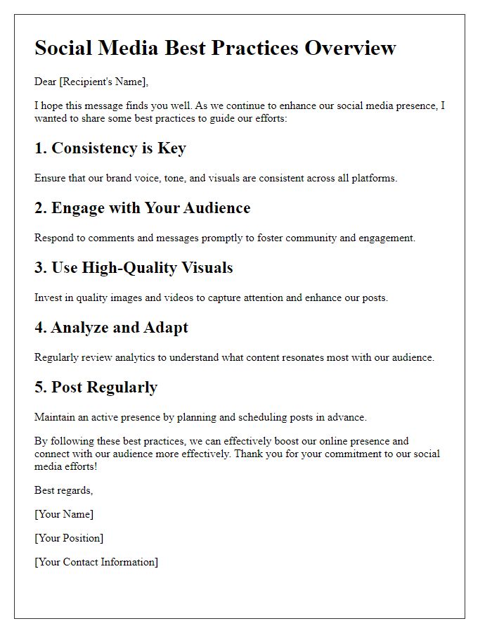 Letter template of social media best practices overview