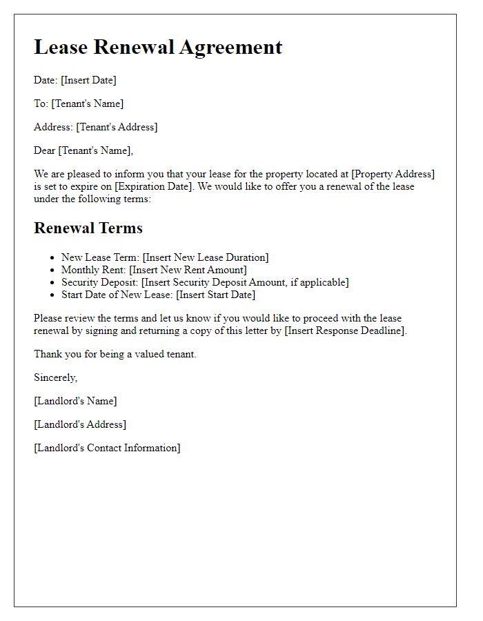 Letter template of tenant lease renewal agreement