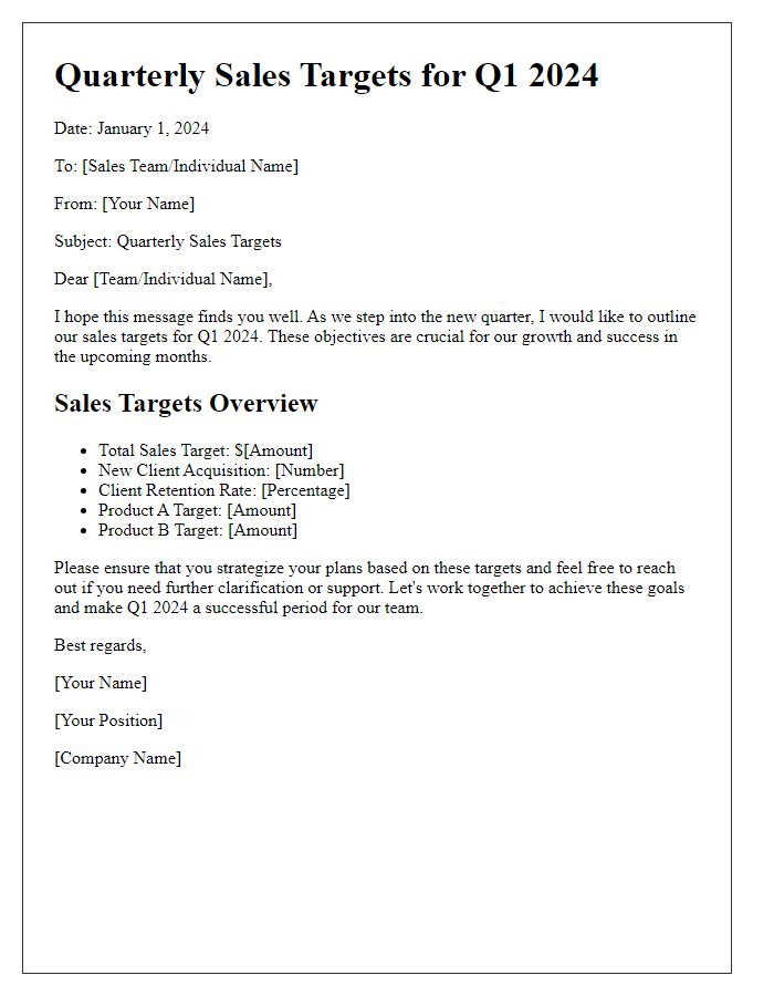 Letter template of quarterly sales targets