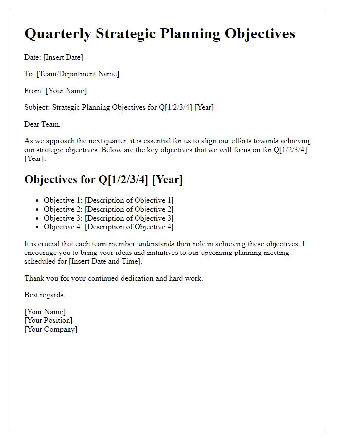 Letter template of quarterly strategic planning objectives