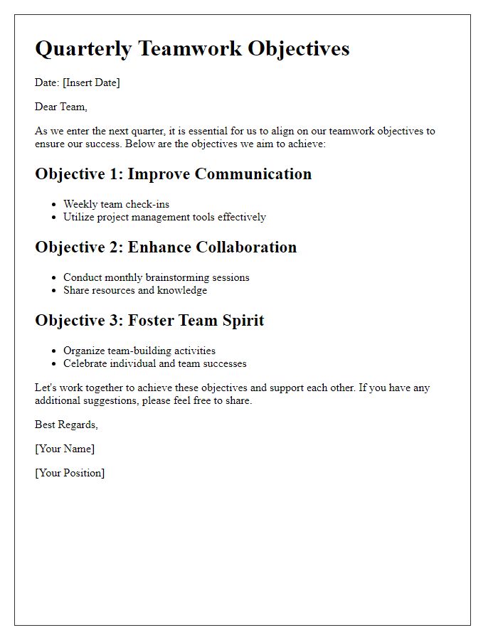 Letter template of quarterly teamwork objectives