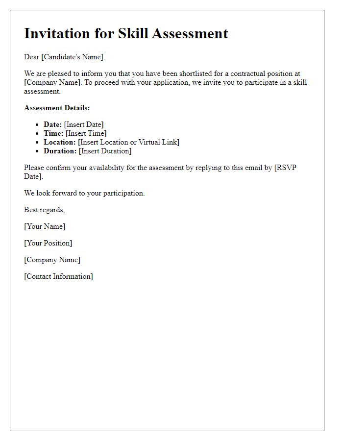 Letter template of skill assessment invitation for contractual positions