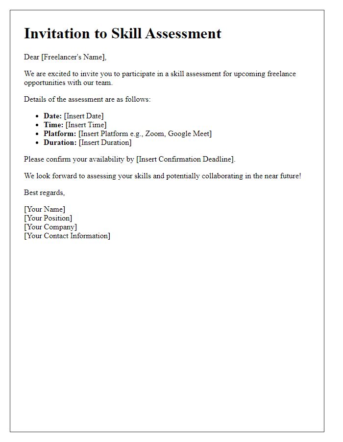 Letter template of skill assessment invitation for freelance opportunities