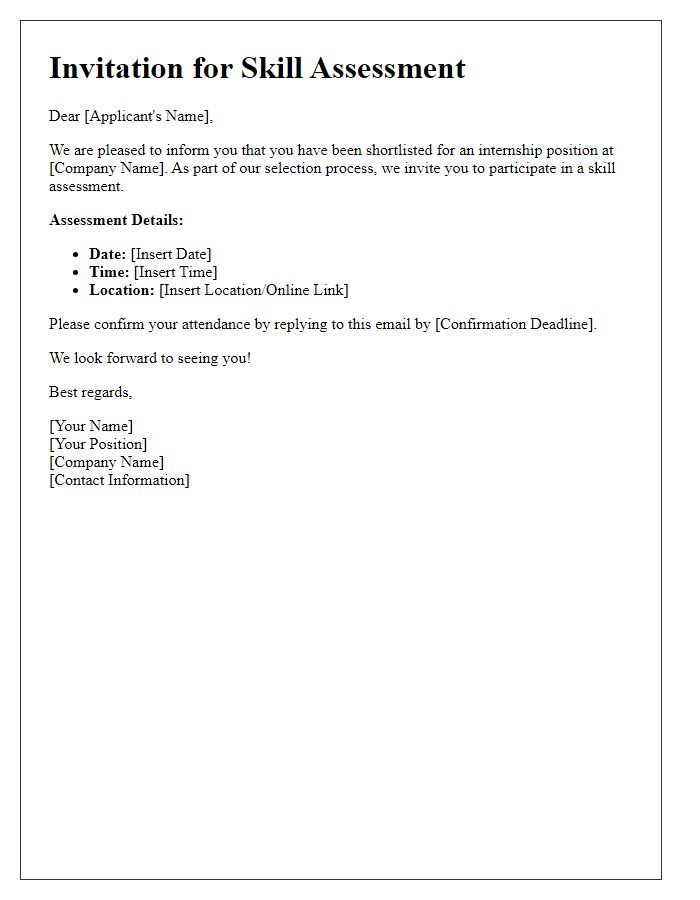 Letter template of skill assessment invitation for internship applicants