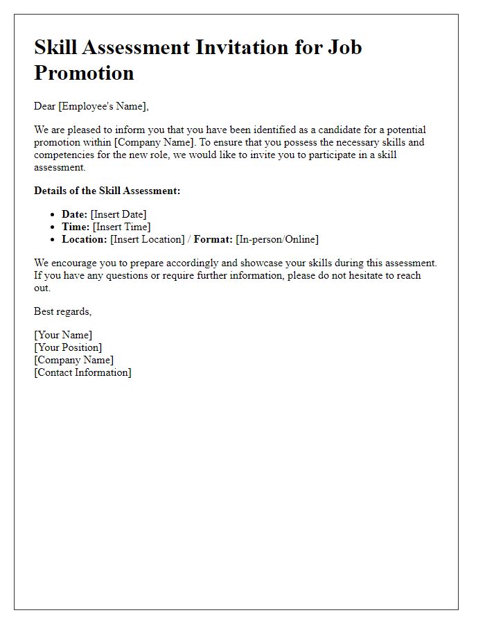 Letter template of skill assessment invitation for job promotion