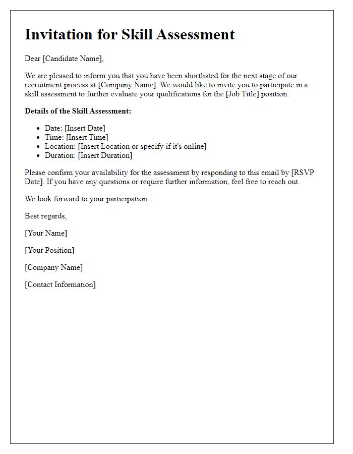 Letter template of skill assessment invitation for new candidates
