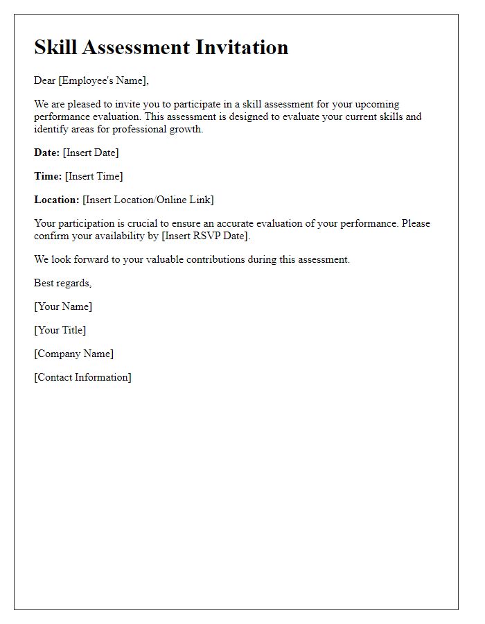 Letter template of skill assessment invitation for performance evaluation