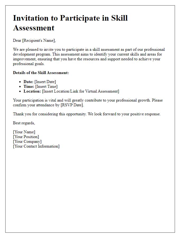 Letter template of skill assessment invitation for professional development